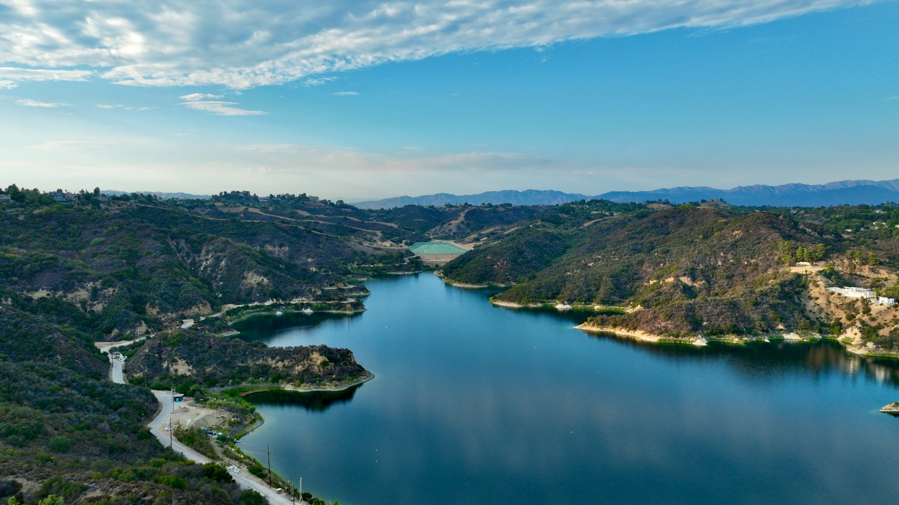 Aerial view of the reservoir and hills in Bel Air