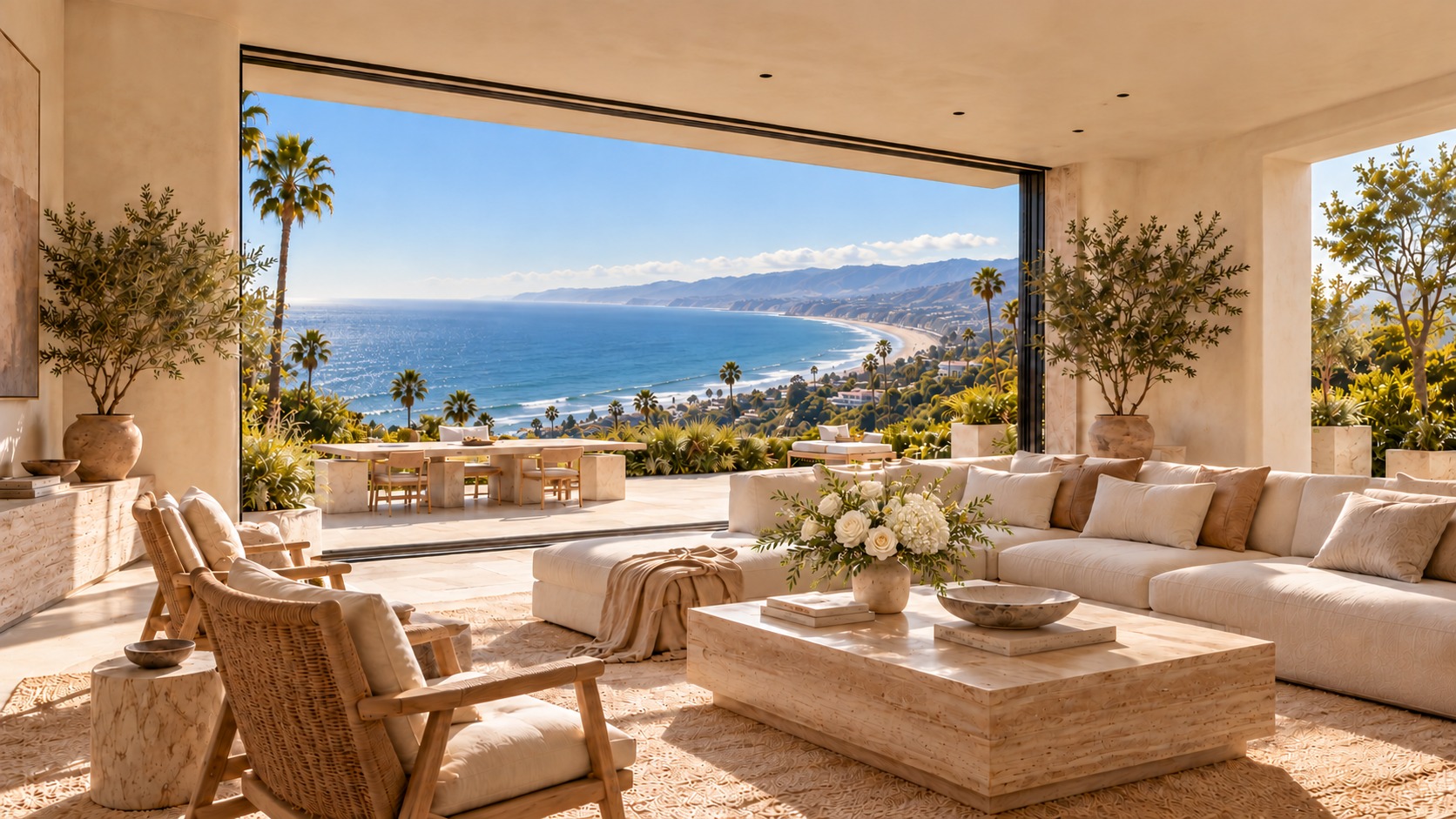 Warm cream living room with white flowers and a panoramic ocean and coastline view