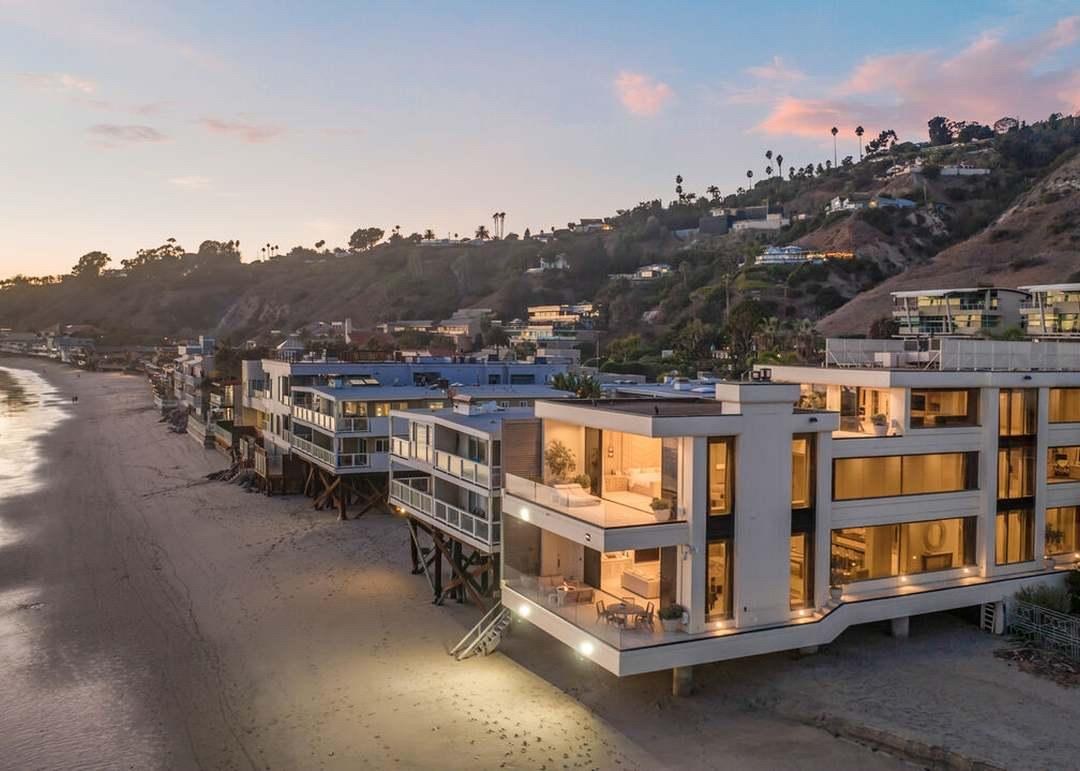 Malibu beachfront homes at dusk
