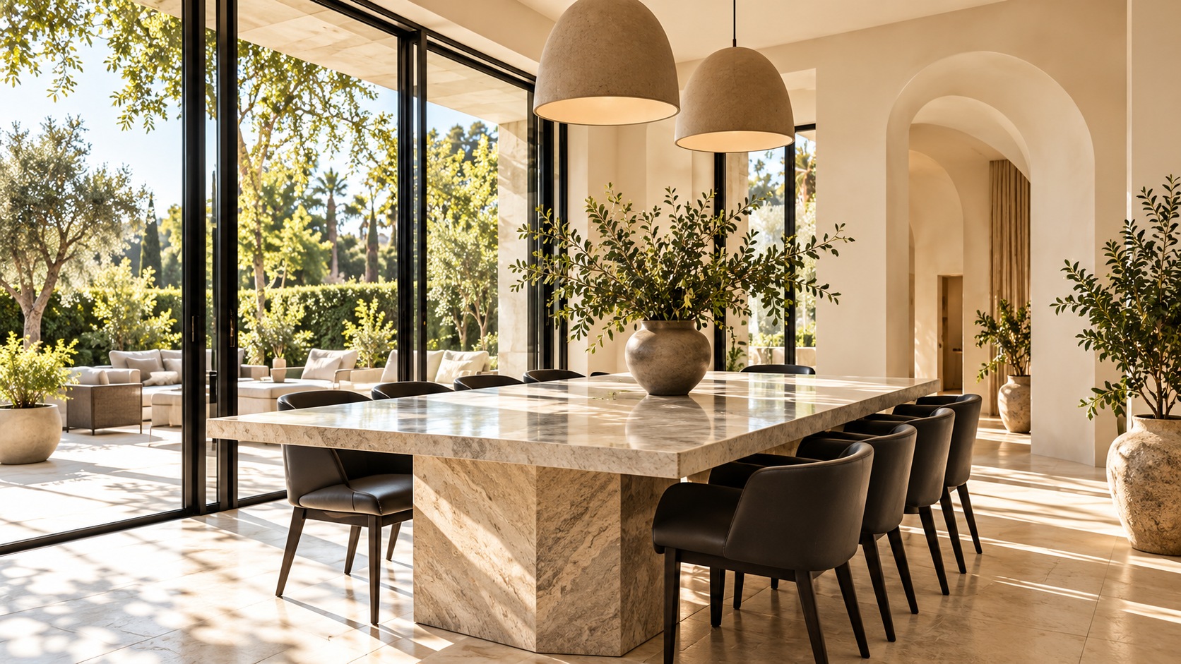 Warm marble dining table with sculptural pendants, plaster walls and garden greenery